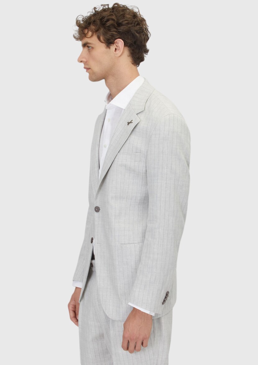 Açık Gri Çizgili Zeroweight Slim Fit Yün Karışımlı Takım Elbise - 4