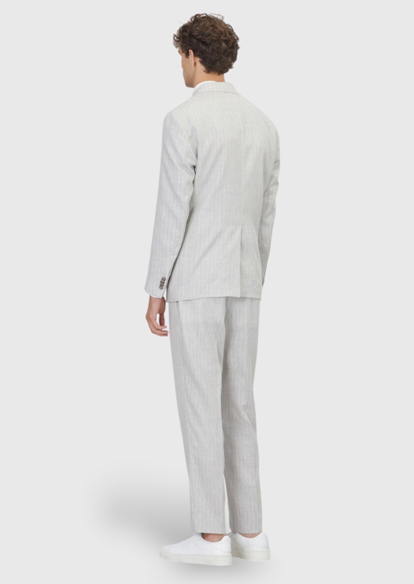 Açık Gri Çizgili Zeroweight Slim Fit Yün Karışımlı Takım Elbise - 6