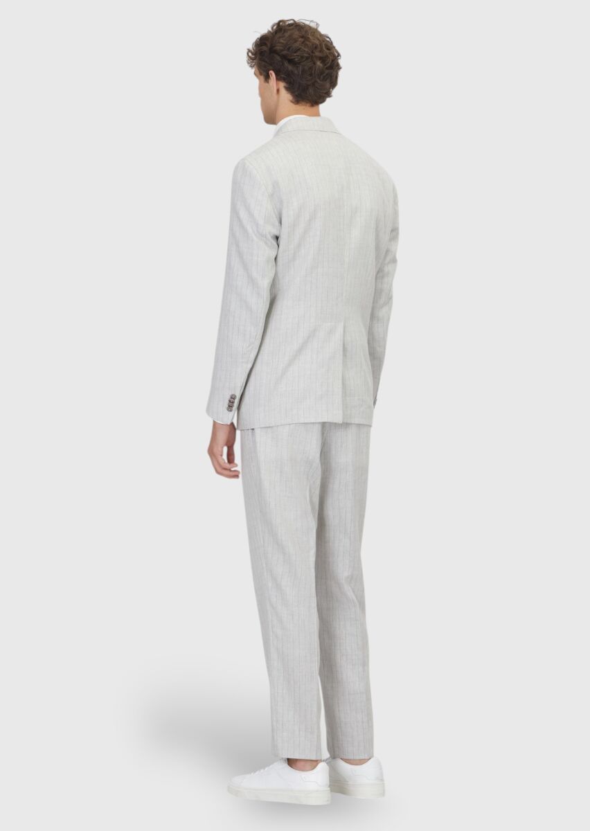 Açık Gri Çizgili Zeroweight Slim Fit Yün Karışımlı Takım Elbise - 6