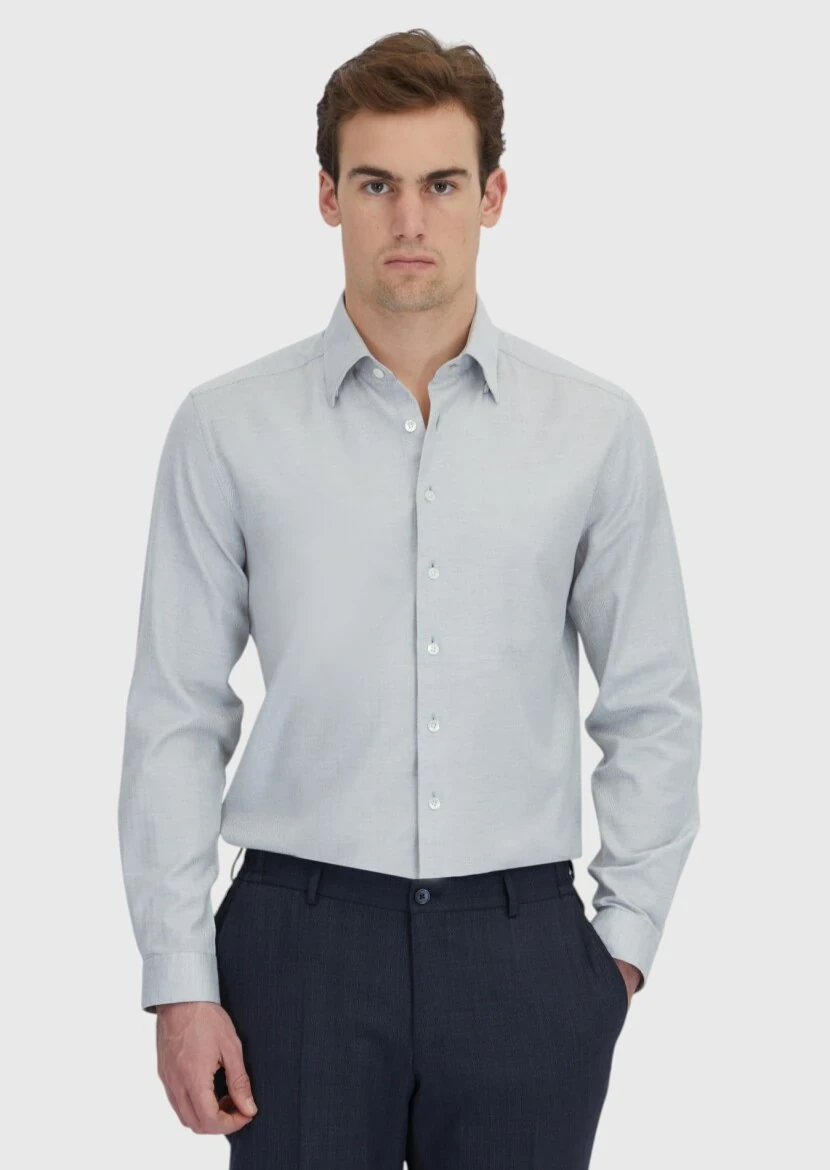 Açık Gri Desenli Casual Fit Dokuma Casual %100 Pamuk Gömlek - 1