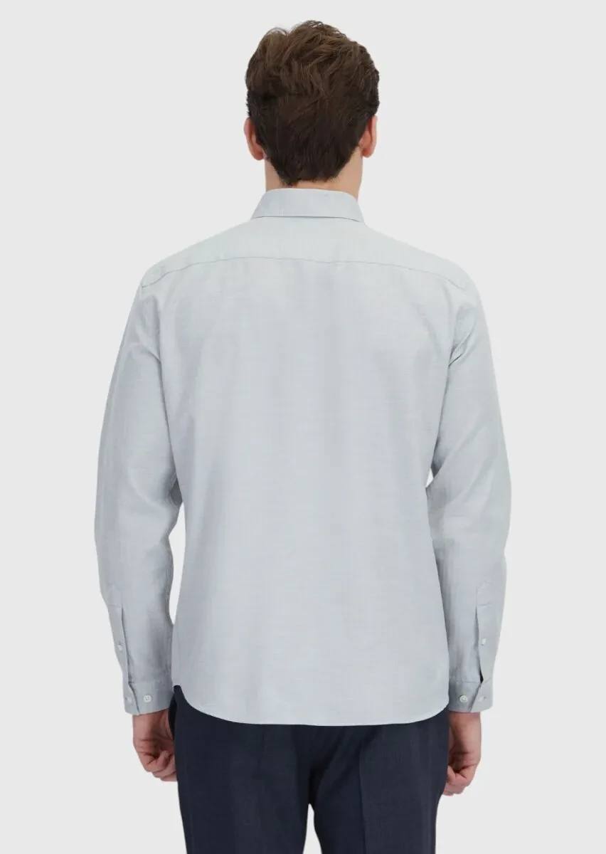 Açık Gri Desenli Casual Fit Dokuma Casual %100 Pamuk Gömlek - 5