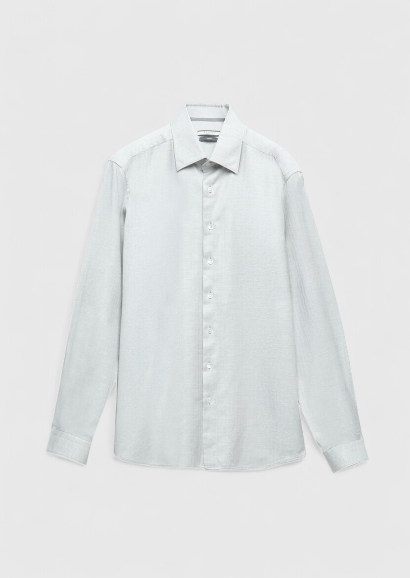 Açık Gri Desenli Casual Fit Uzun Dokuma Casual %100 Pamuk Gömlek - 6