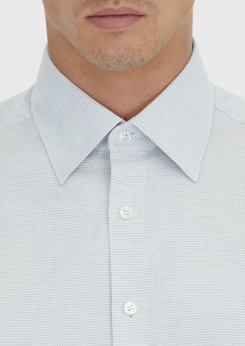Açık Gri Desenli Regular Fit Dokuma Klasik %100 Pamuk Gömlek - 4