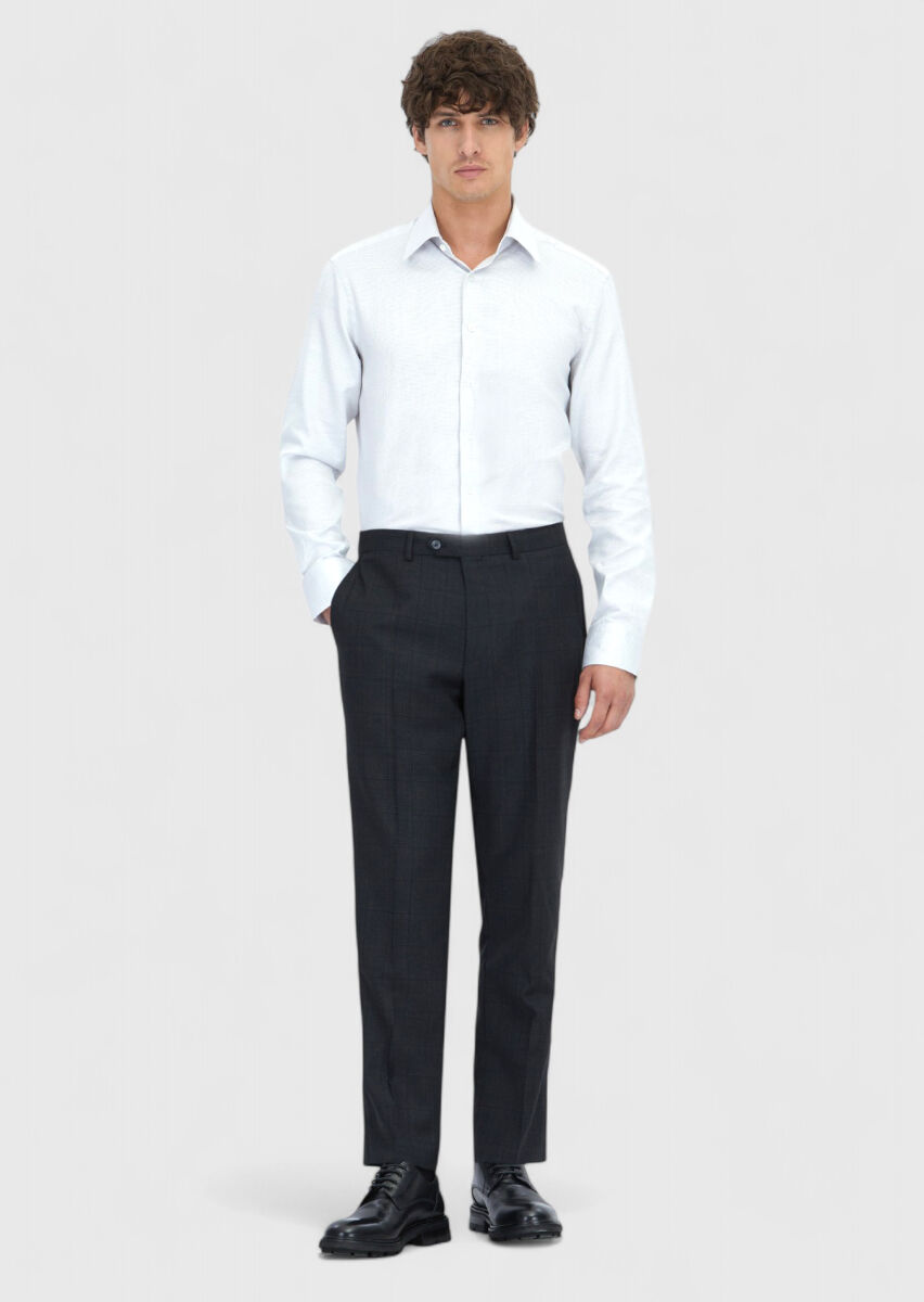 Açık Gri Desenli Regular Fit Uzun Dokuma Klasik %100 Pamuk Gömlek - 2