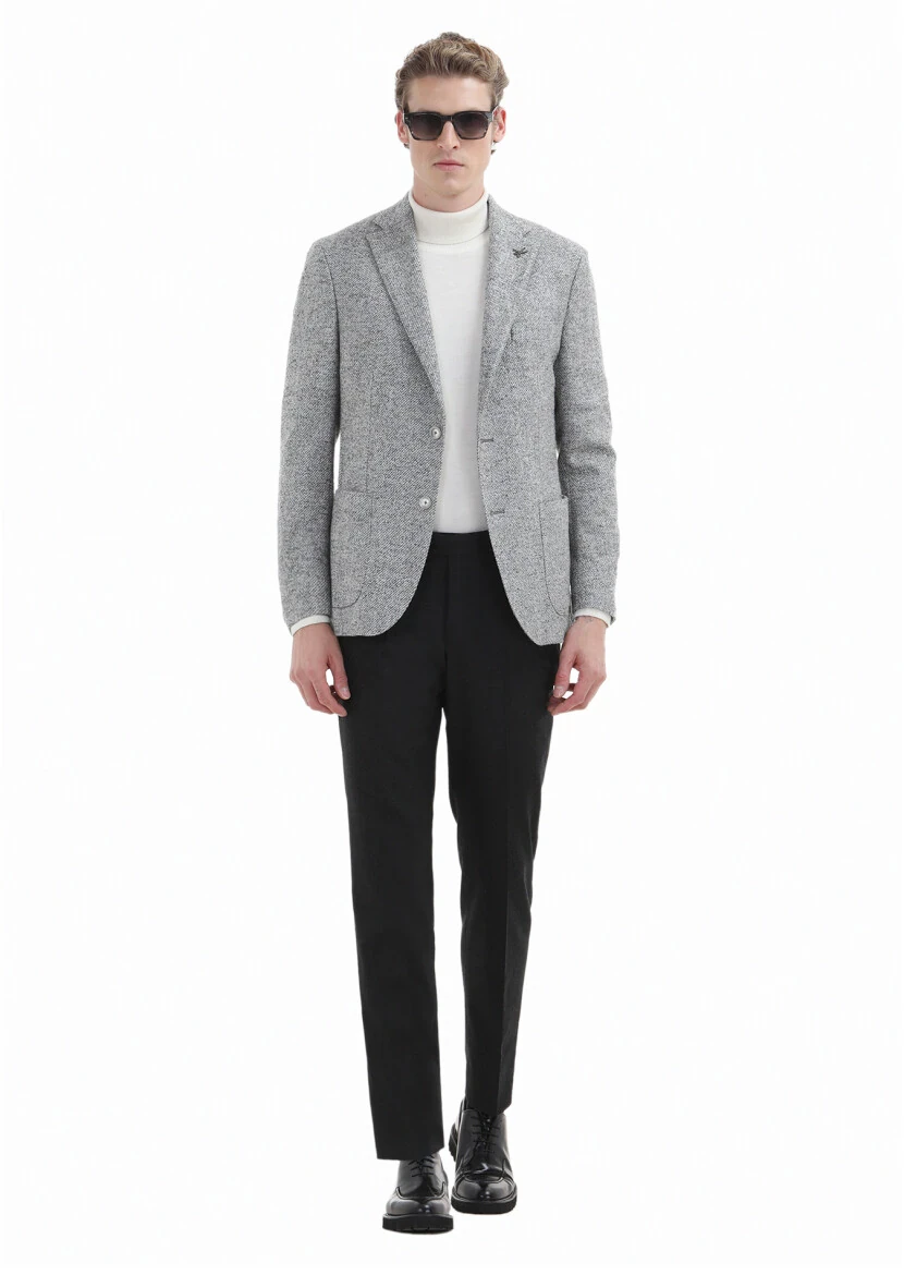 Açık Gri Desenli Shirt Shoulder Slim Fit %100 Yün Örme Ceket - 2