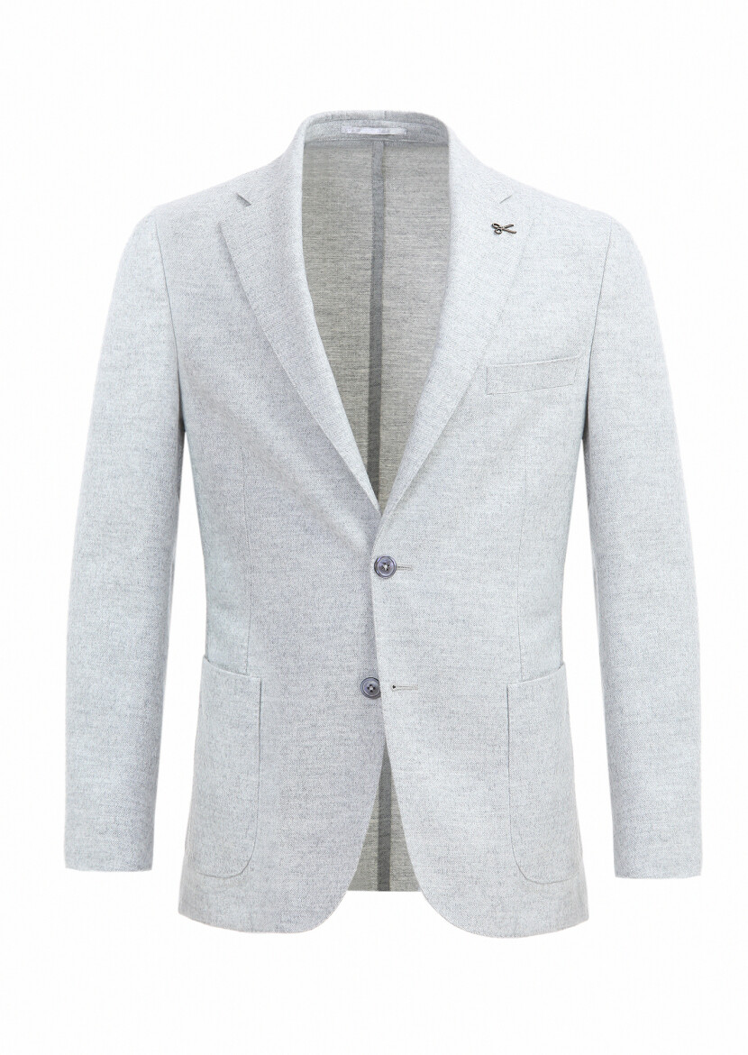 Açık Gri Desenli Shirt Shoulder Slim Fit İpek Karışımlı Örme Ceket - 7