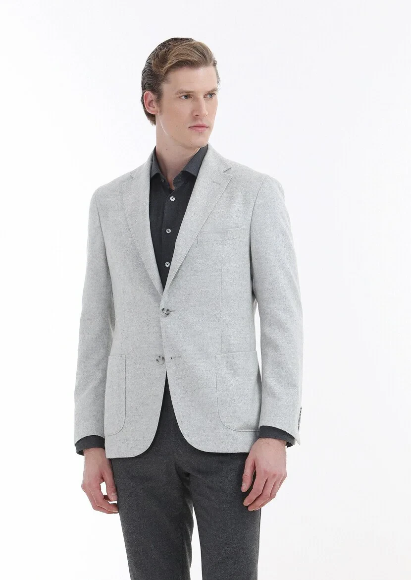Açık Gri Desenli Shirt Shoulder Slim Fit İpek Karışımlı Örme Ceket - 5