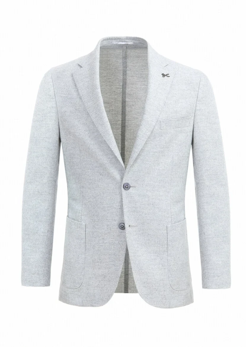 Açık Gri Desenli Shirt Shoulder Slim Fit İpek Karışımlı Örme Ceket - 7