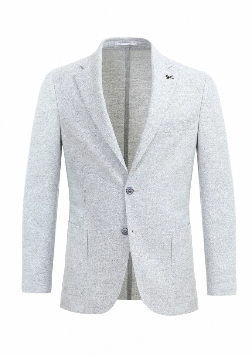 Açık Gri Desenli Shirt Shoulder Slim Fit İpek Karışımlı Örme Ceket - 7