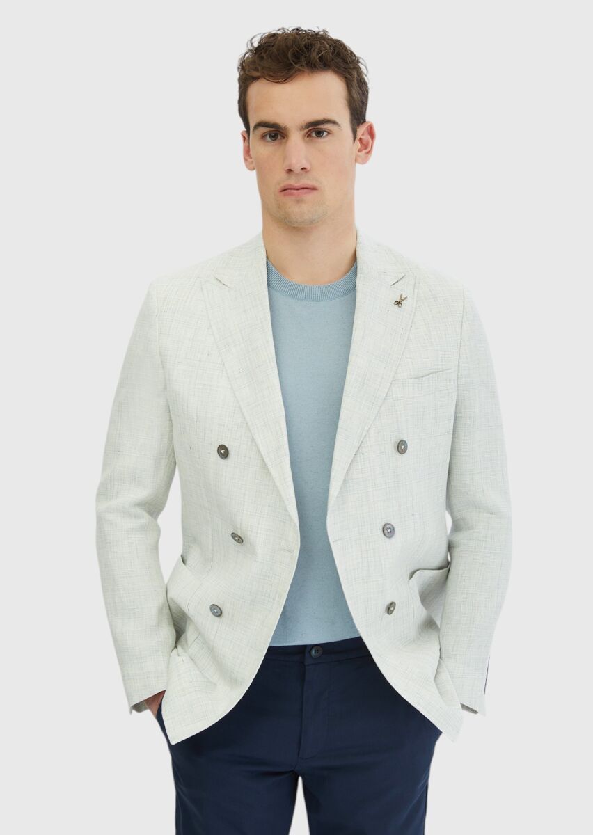 Açık Gri Desenli Zeroweight Slim Fit %100 Keten Ceket - 1