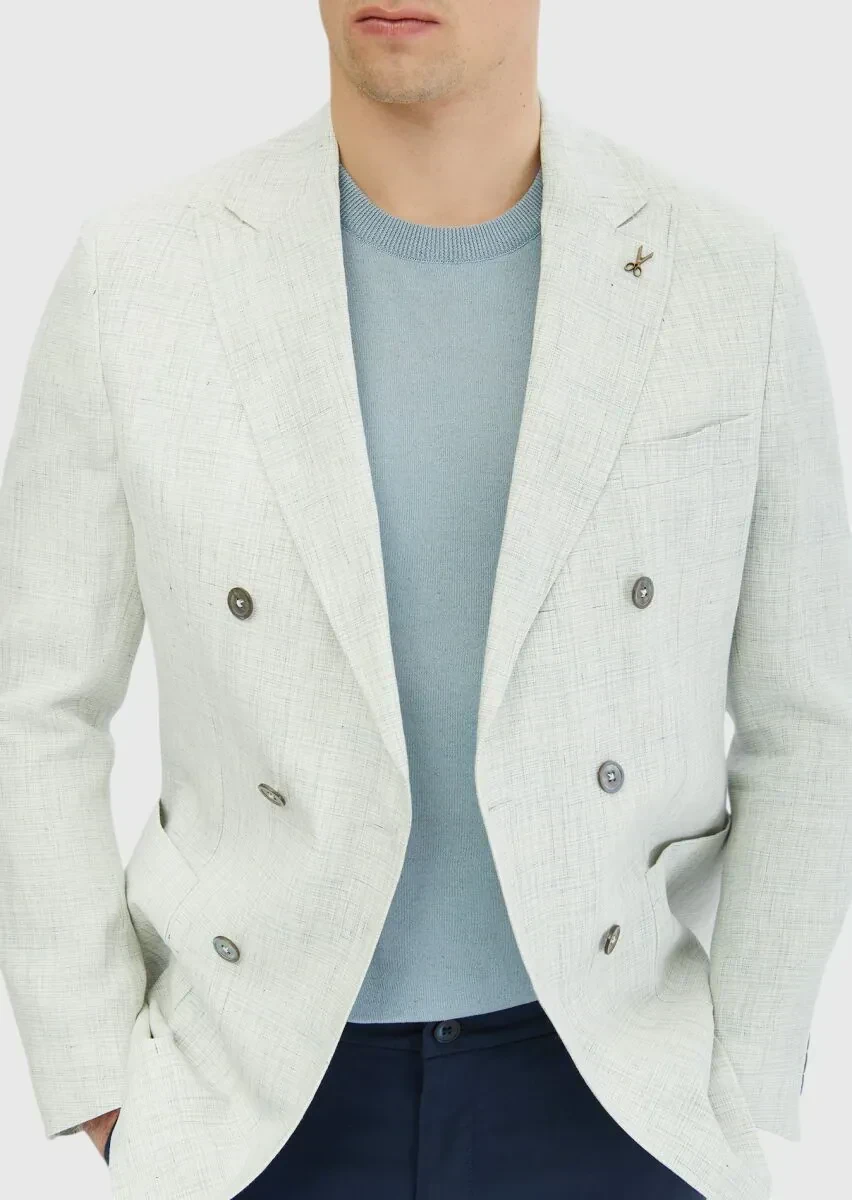 Açık Gri Desenli Zeroweight Slim Fit %100 Keten Ceket - 4