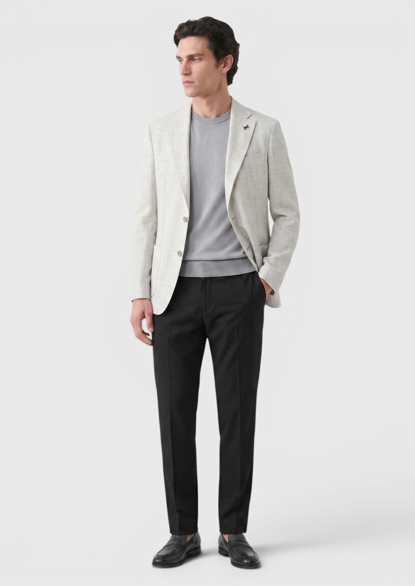 Açık Gri Desenli Zeroweight Slim Fit %100 Keten Ceket - 1
