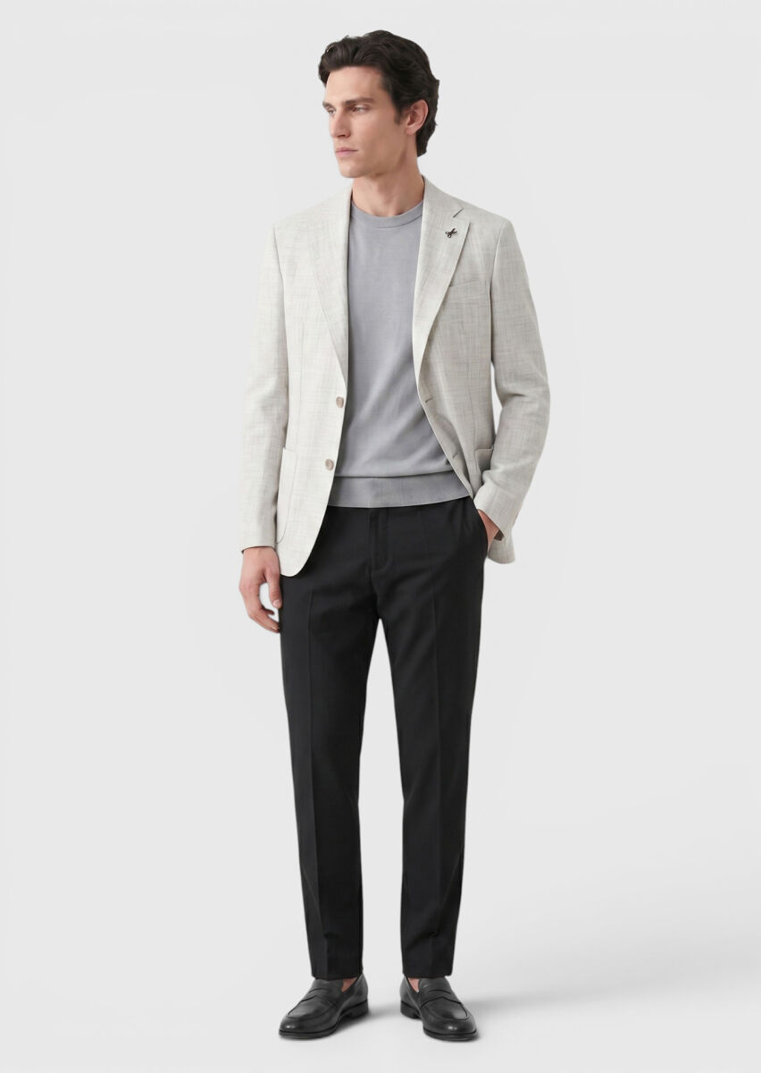 Açık Gri Desenli Zeroweight Slim Fit %100 Keten Ceket - 1
