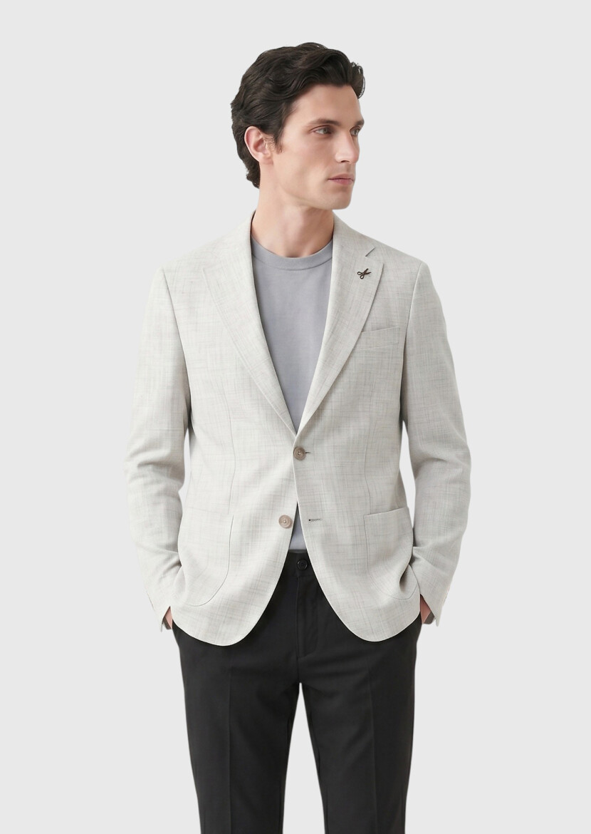 Açık Gri Desenli Zeroweight Slim Fit %100 Keten Ceket - 2