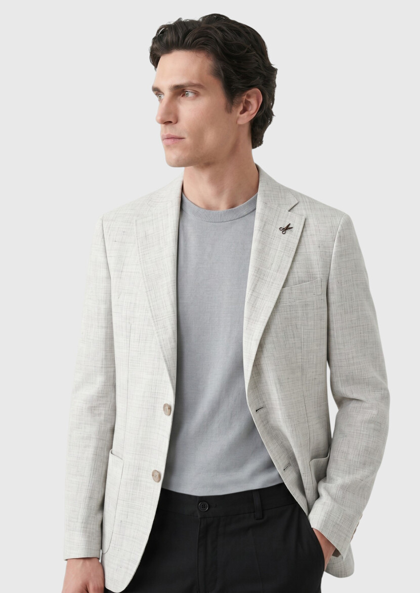 Açık Gri Desenli Zeroweight Slim Fit %100 Keten Ceket - 4