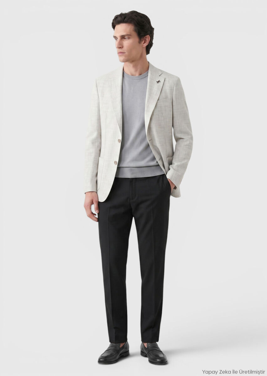 RAMSEY Açık Gri Desenli Zeroweight Slim Fit %100 Keten Ceket