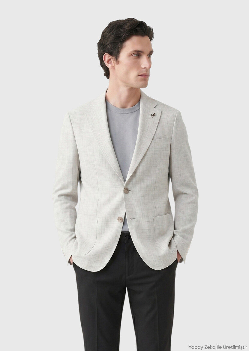 Açık Gri Desenli Zeroweight Slim Fit %100 Keten Ceket - RAMSEY