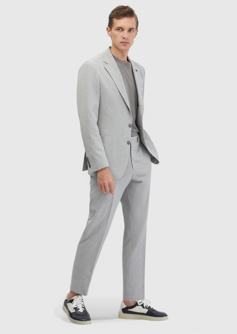 Açık Gri Desenli Zeroweight Slim Fit Pamuk Karışımlı Takım Elbise - 3