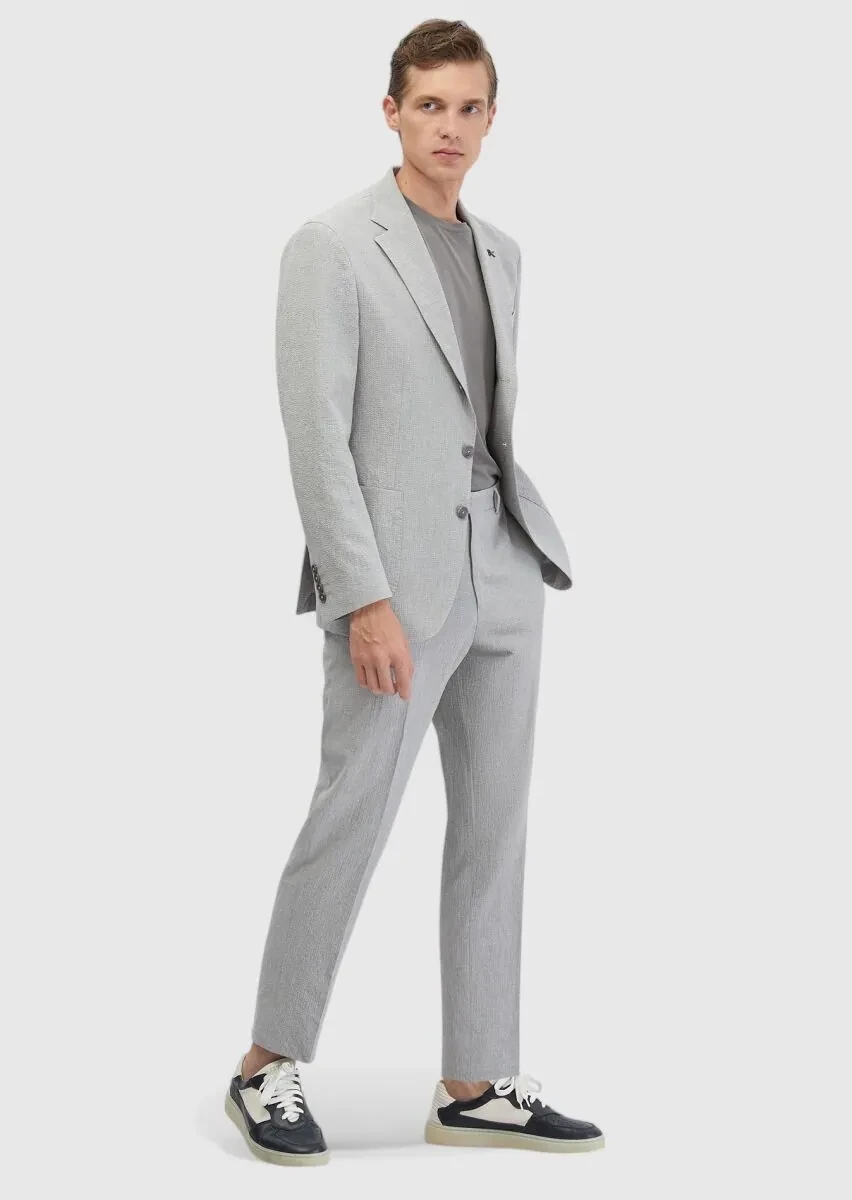 Açık Gri Desenli Zeroweight Slim Fit Pamuk Karışımlı Takım Elbise - 3