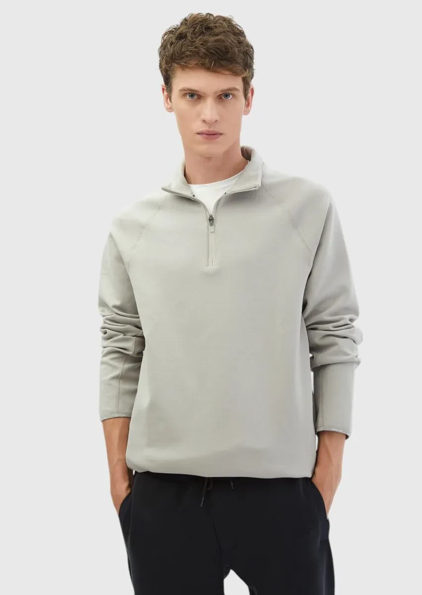 Açık Gri Dik Yaka Düz Sweatshırt - 1