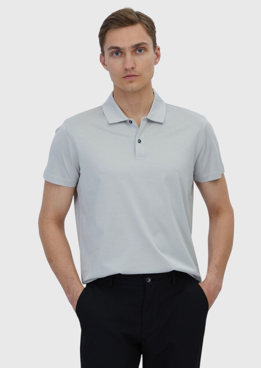 Açık Gri Düz %100 Pamuk T-Shirt - 1