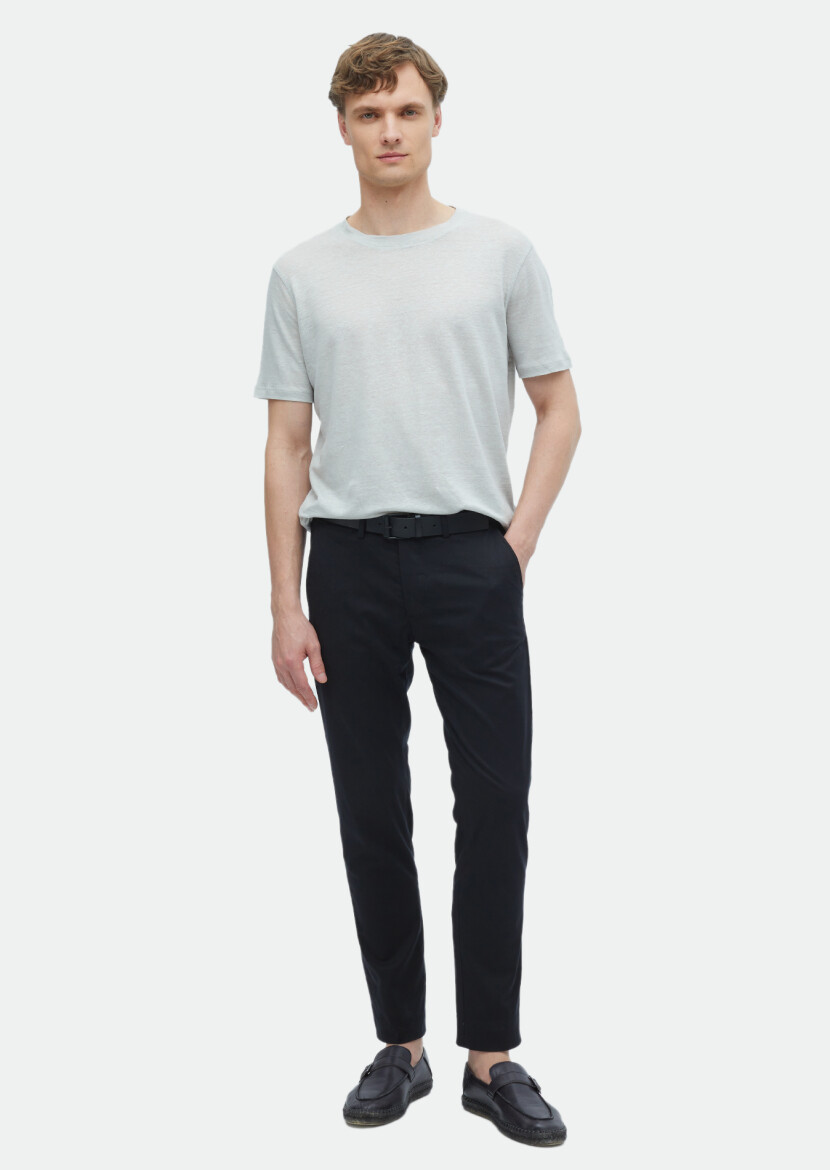 Açık Gri Düz Bisiklet Yaka %100 Keten T-Shirt 