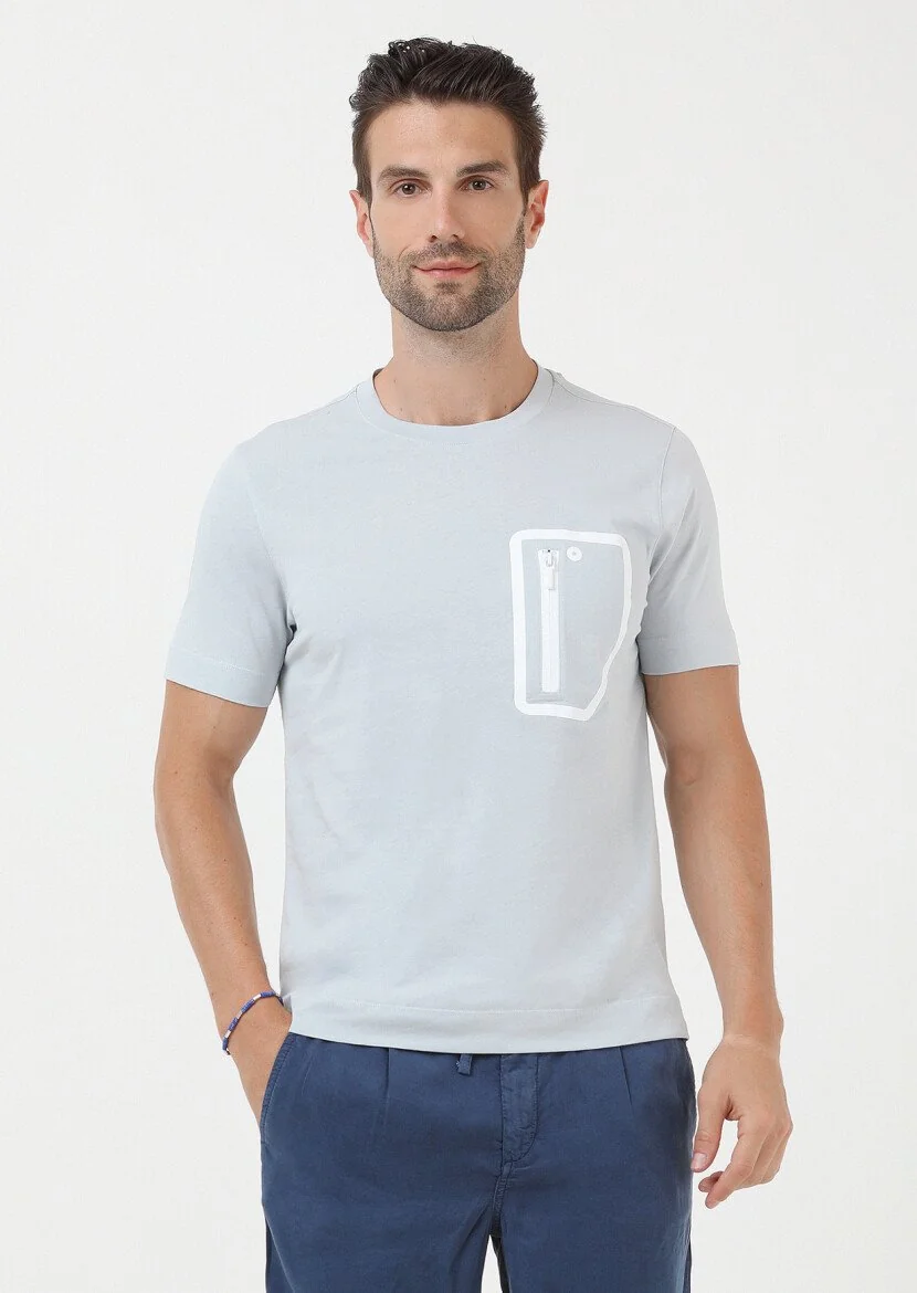 Açık Gri Düz Bisiklet Yaka %100 Pamuk T-Shirt - 1