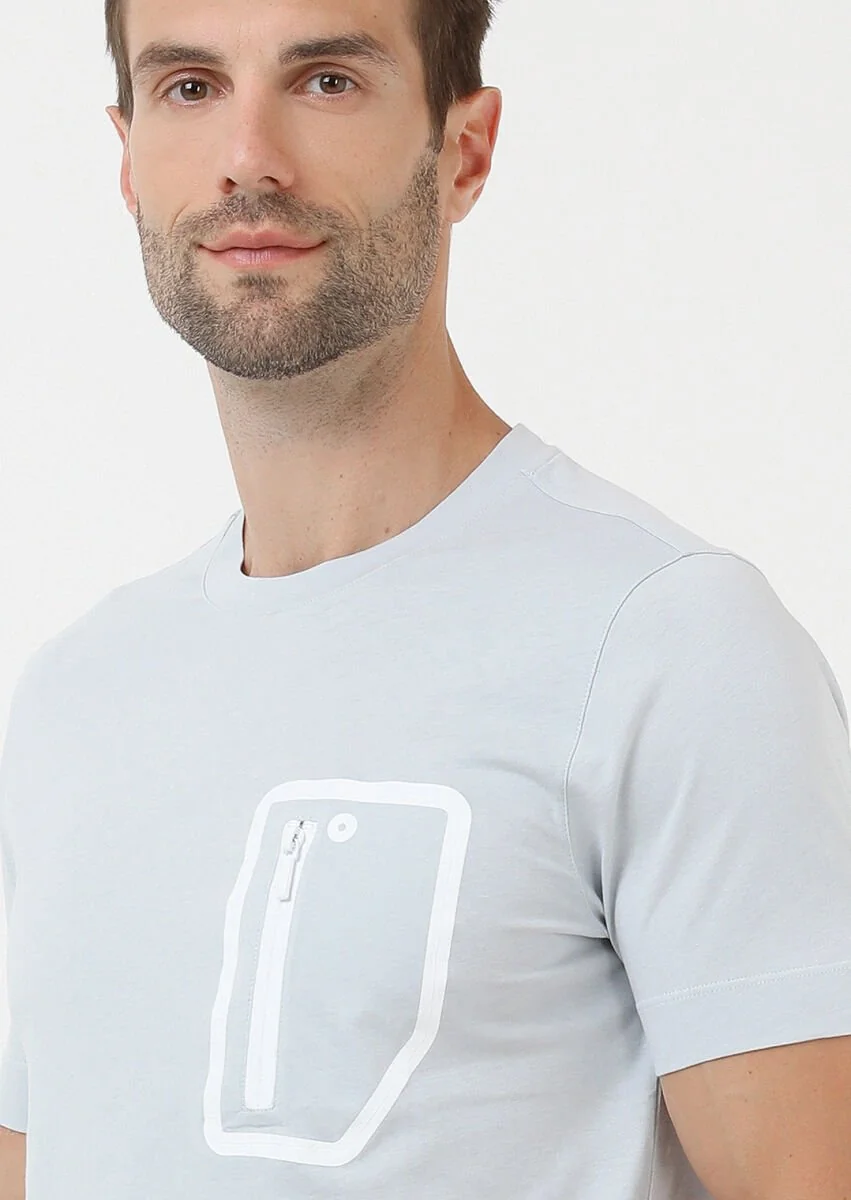 Açık Gri Düz Bisiklet Yaka %100 Pamuk T-Shirt - 4