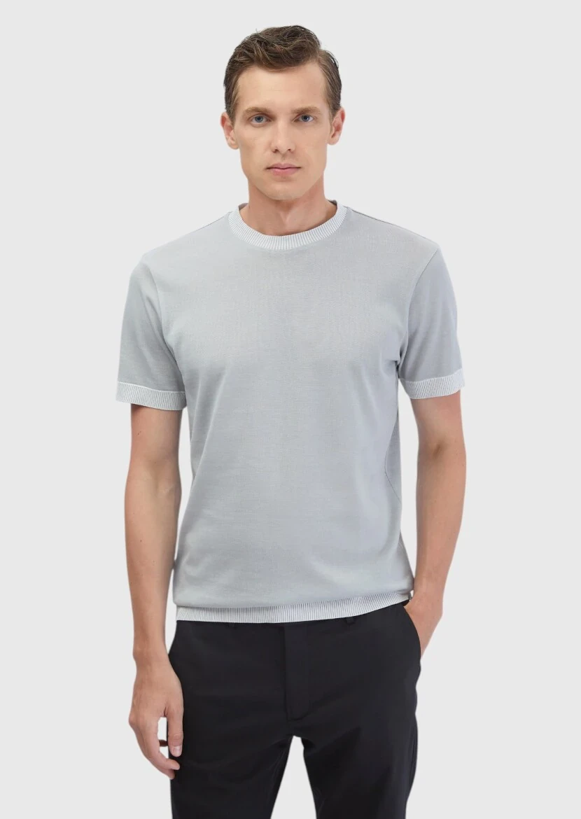 Açık Gri Düz Bisiklet Yaka %100 Pamuk T-Shirt - 1