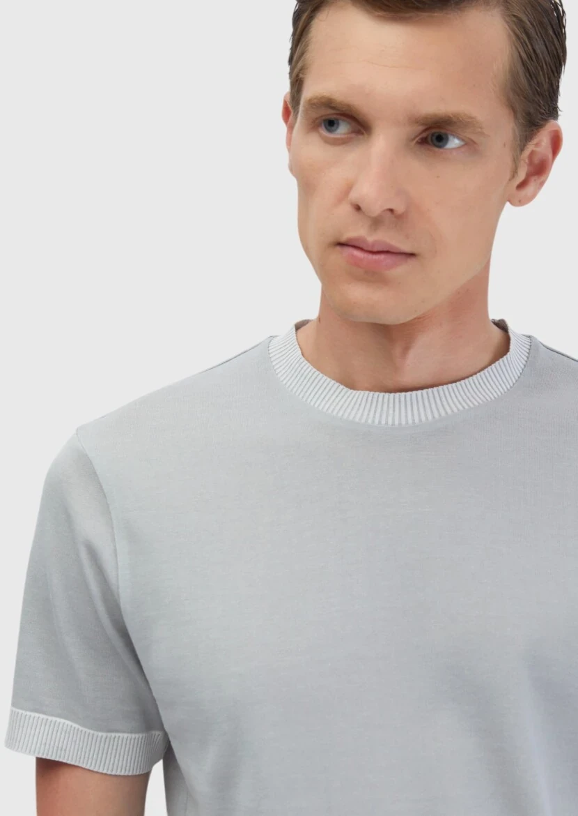 Açık Gri Düz Bisiklet Yaka %100 Pamuk T-Shirt - 3