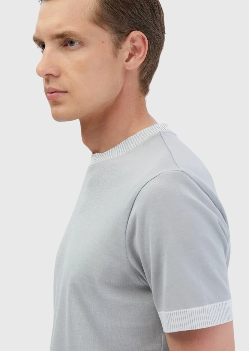 Açık Gri Düz Bisiklet Yaka %100 Pamuk T-Shirt - 4