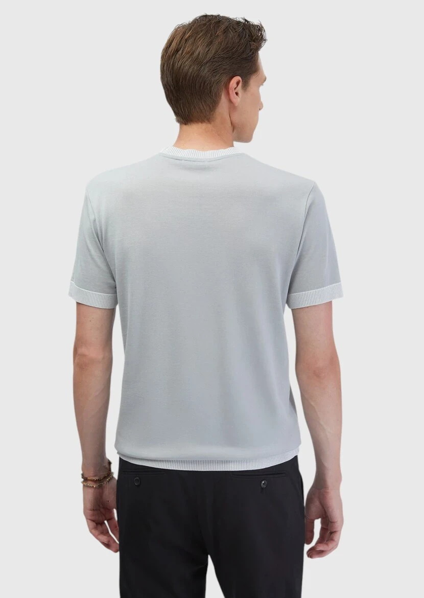 Açık Gri Düz Bisiklet Yaka %100 Pamuk T-Shirt - 6