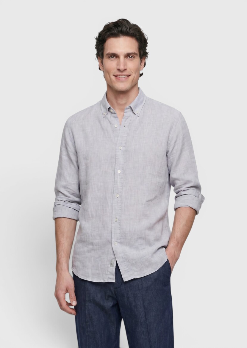 Açık Gri Düz Casual Fit Uzun Dokuma Casual %100 Keten Gömlek 