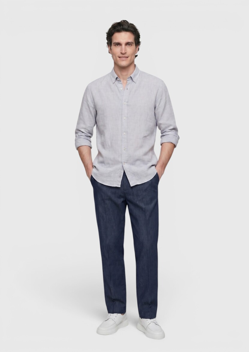 Açık Gri Düz Casual Fit Uzun Dokuma Casual %100 Keten Gömlek - RAMSEY