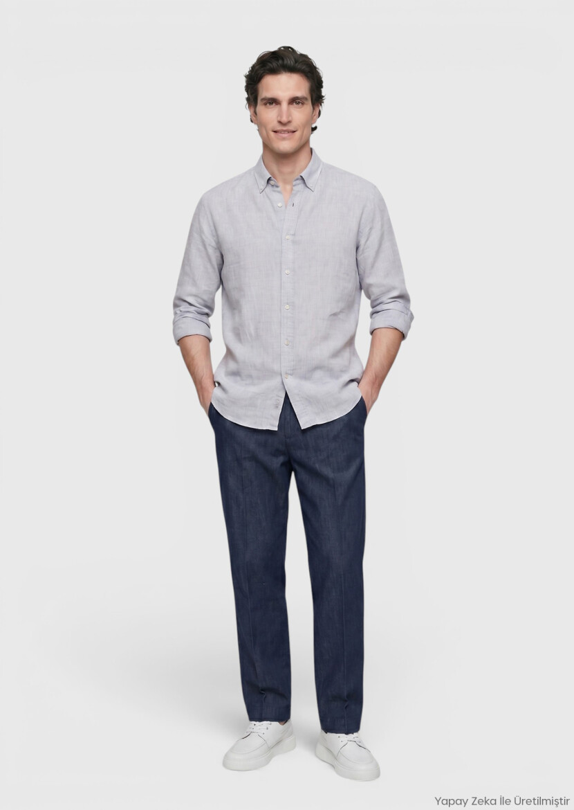 Açık Gri Düz Casual Fit Uzun Dokuma Casual %100 Keten Gömlek - RAMSEY