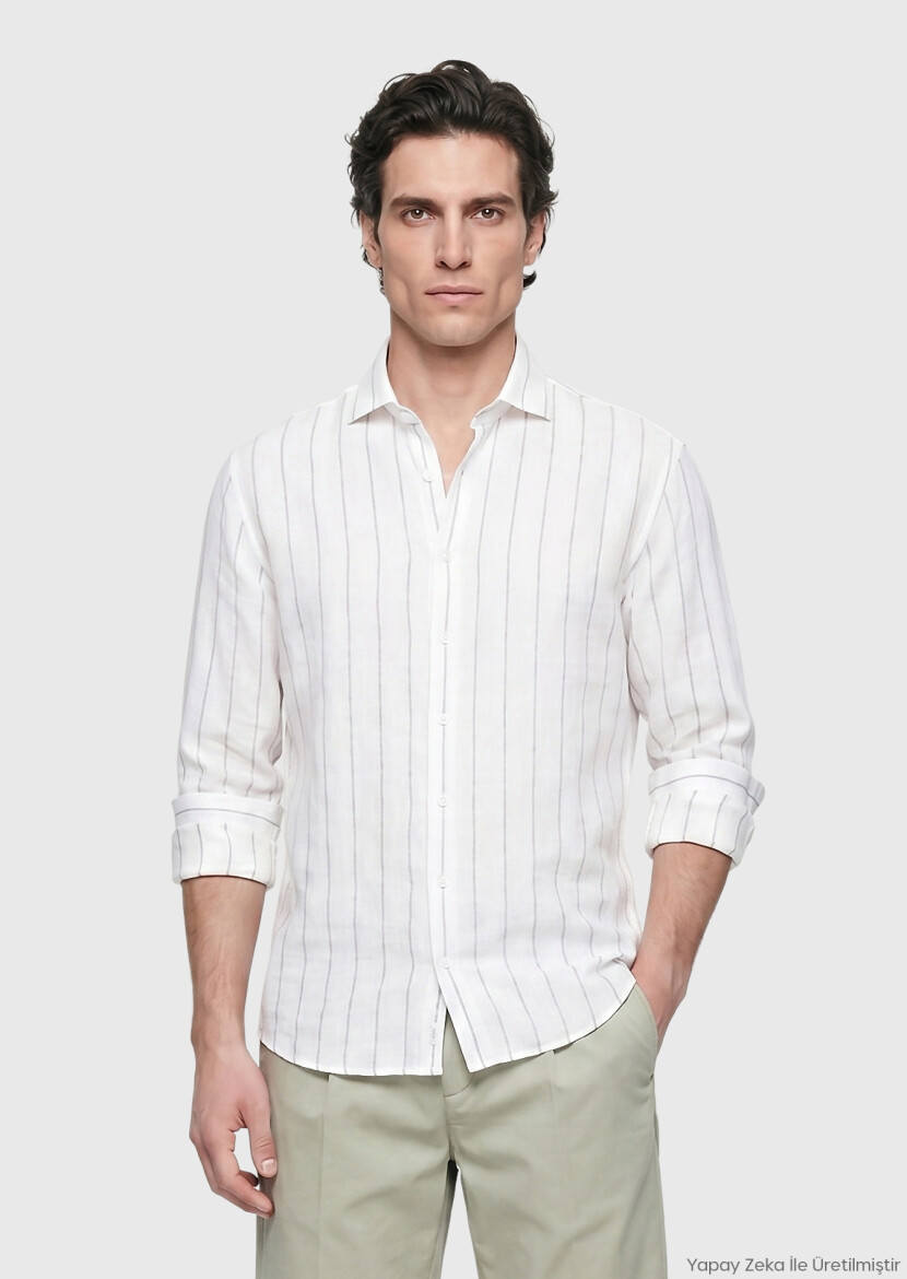 Açık Gri Düz Casual Fit Uzun Dokuma Casual %100 Keten Gömlek - RAMSEY