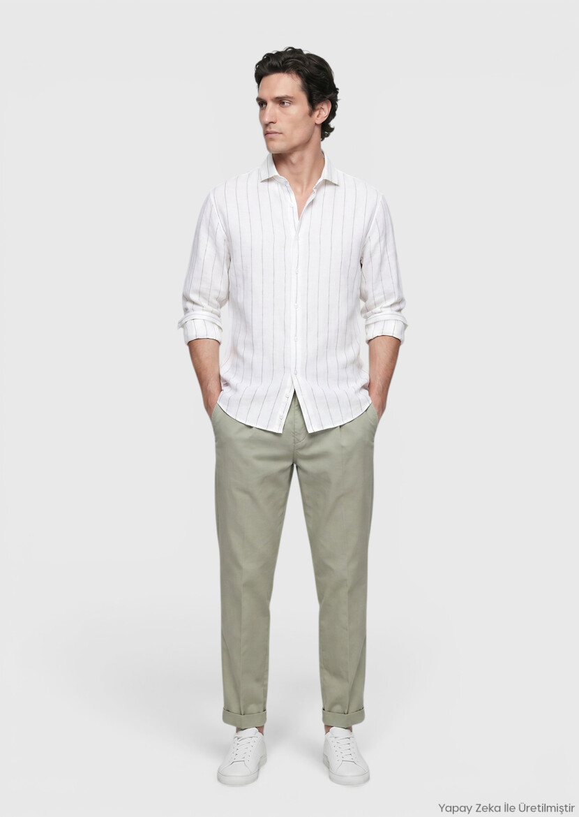 Açık Gri Düz Casual Fit Uzun Dokuma Casual %100 Keten Gömlek - RAMSEY