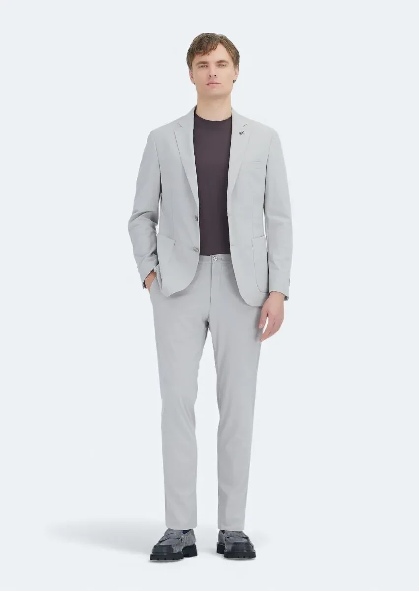 Açık Gri Düz Comfort Fit Örme Takım Elbise - 1