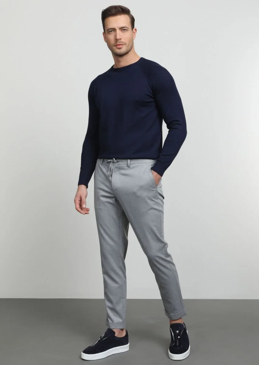 Açık Gri Düz Dokuma Jogging Fit Casual Pantolon - 3