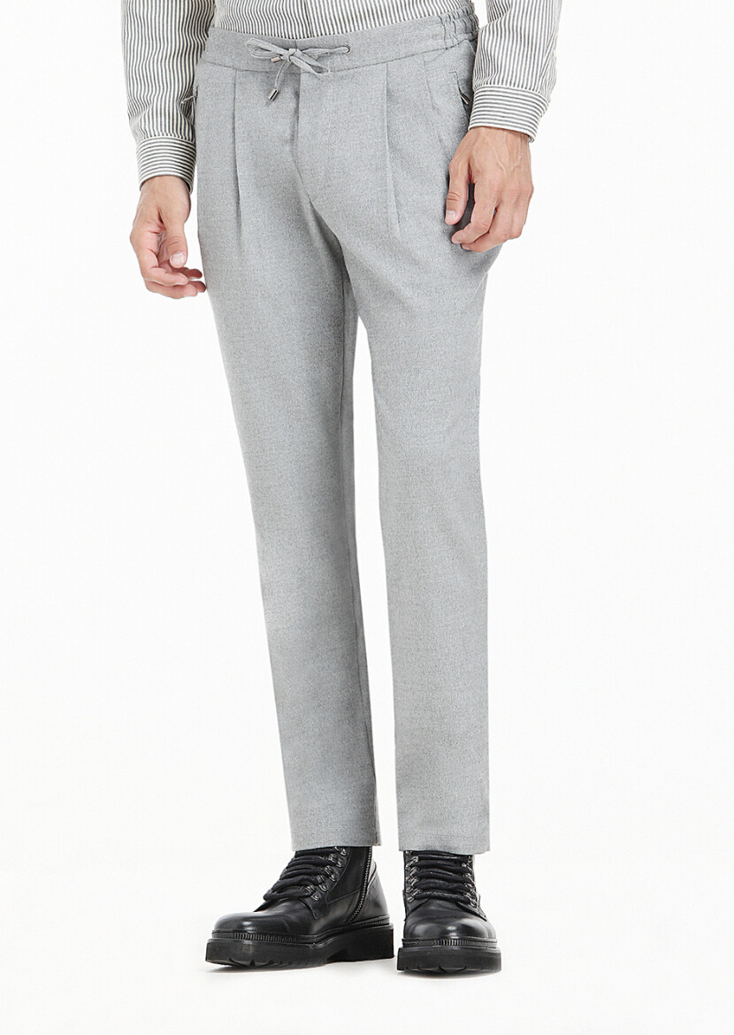 Açık Gri Düz Dokuma Jogging Fit Casual Pantolon - 3