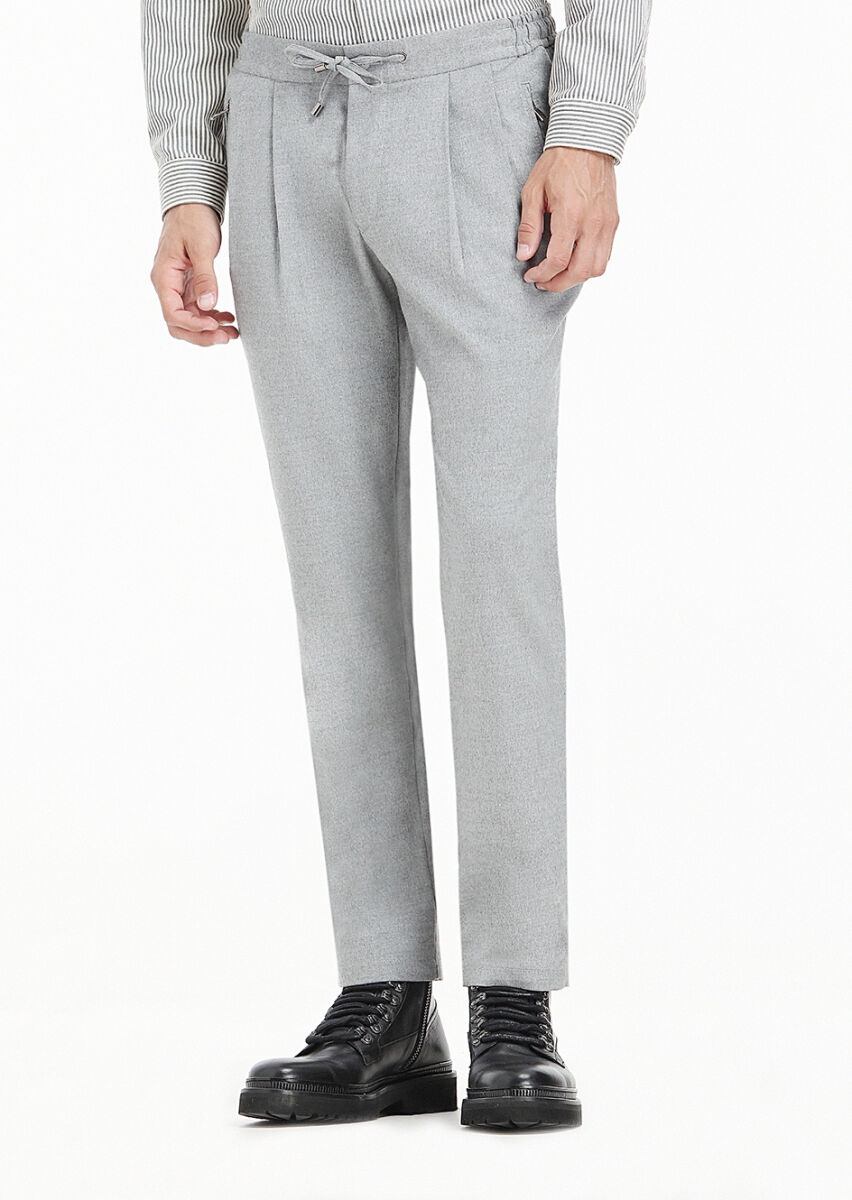Açık Gri Düz Dokuma Jogging Fit Casual Pantolon - 3