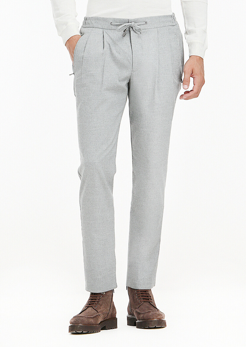 Açık Gri Düz Dokuma Jogging Fit Casual Pantolon - 4