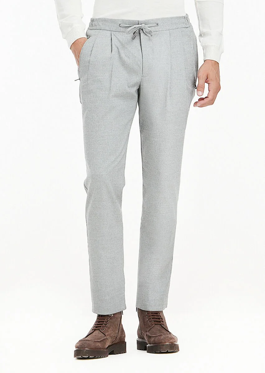 Açık Gri Düz Dokuma Jogging Fit Casual Pantolon - 4