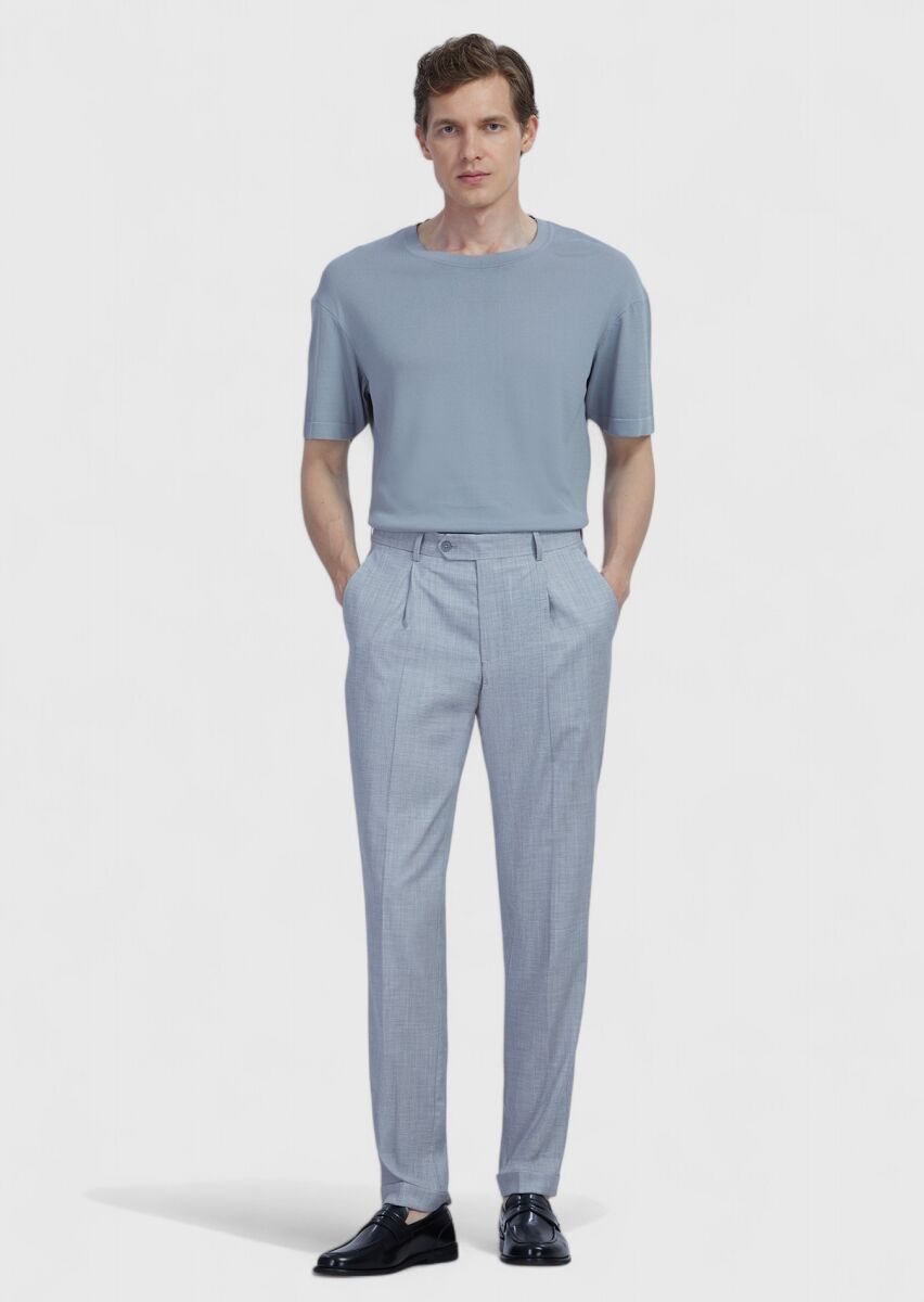Açık Gri Düz Dokuma Regular Fit Casual %100 Yün Pantolon - 1