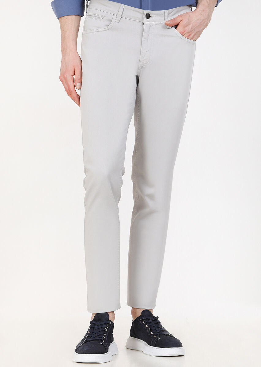 Açık Gri Düz Dokuma Slim Fit Casual Pamuk Karışımlı Pantolon - 2