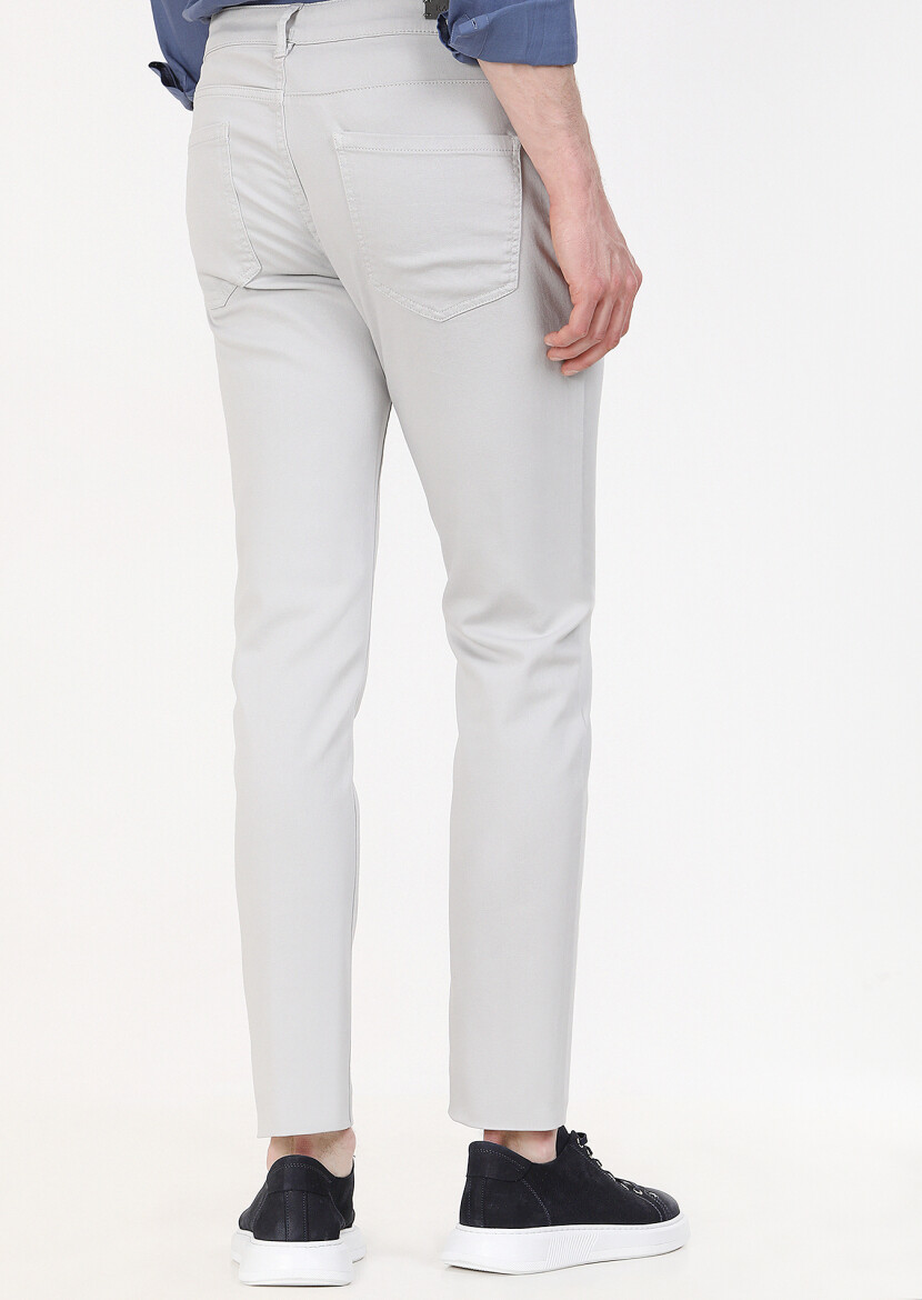 Açık Gri Düz Dokuma Slim Fit Casual Pamuk Karışımlı Pantolon - 4