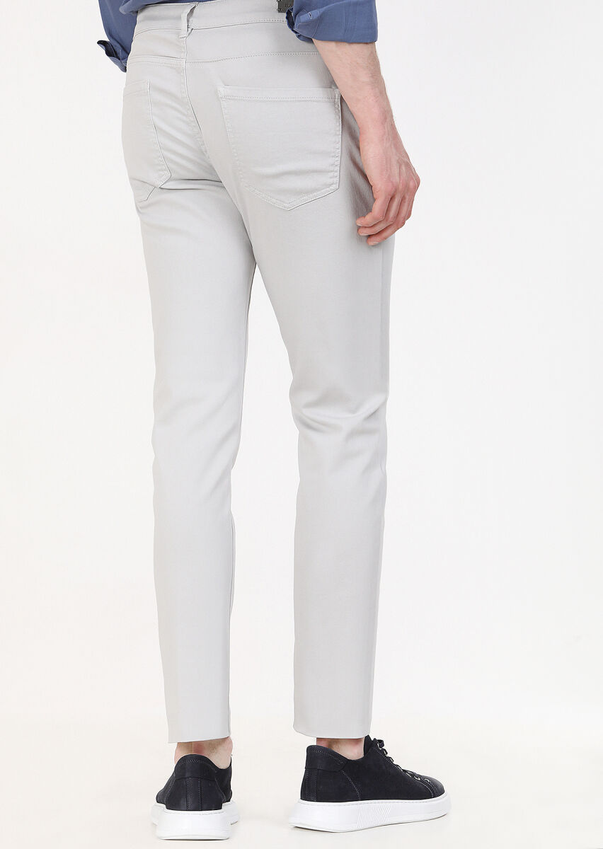 Açık Gri Düz Dokuma Slim Fit Casual Pamuk Karışımlı Pantolon - 4