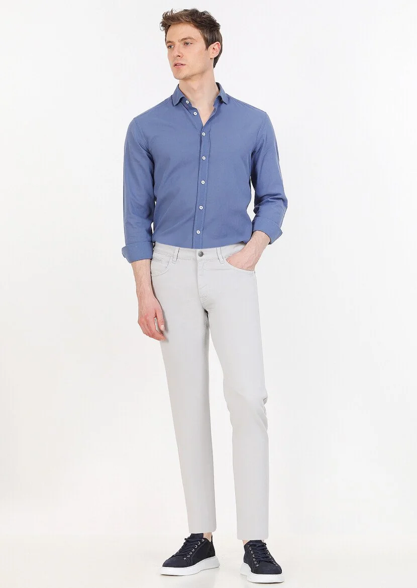 Açık Gri Düz Dokuma Slim Fit Casual Pamuk Karışımlı Pantolon - 1