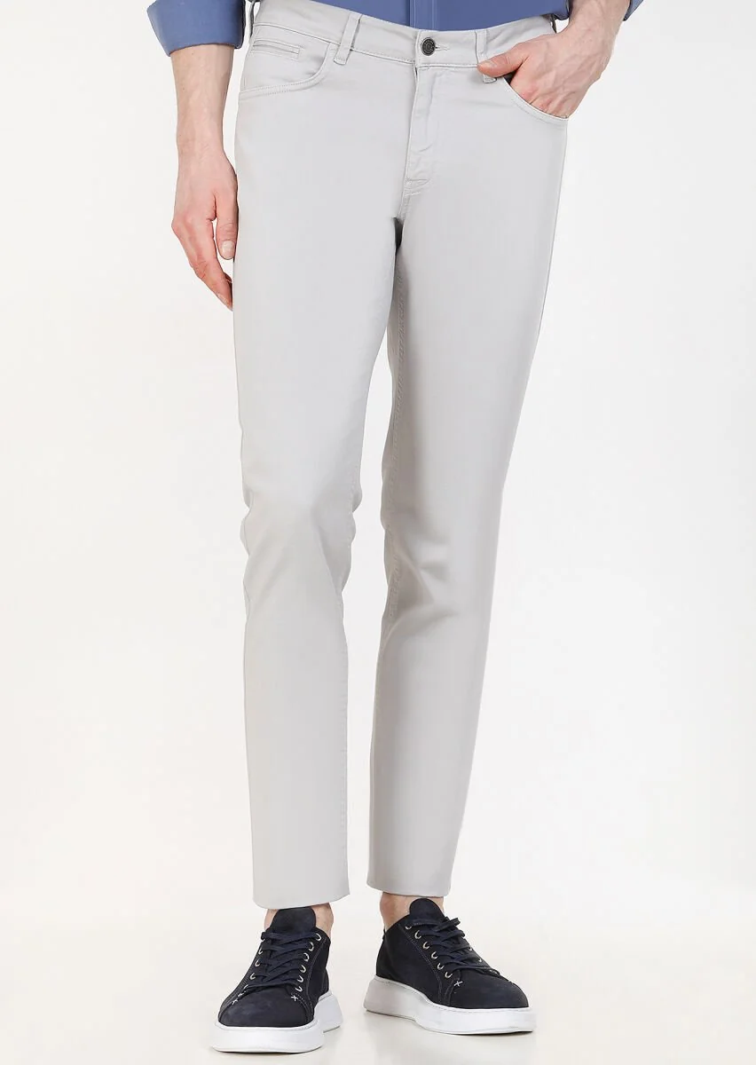 Açık Gri Düz Dokuma Slim Fit Casual Pamuk Karışımlı Pantolon - 2