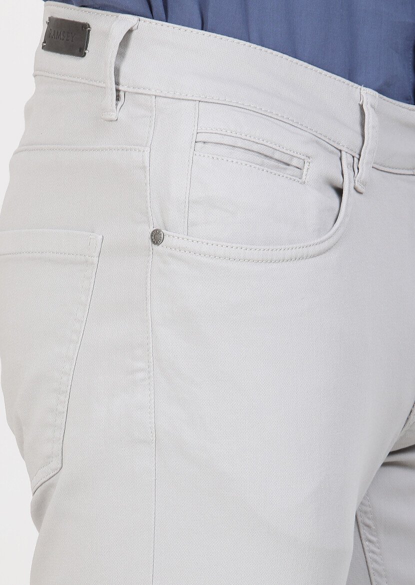 Açık Gri Düz Dokuma Slim Fit Casual Pamuk Karışımlı Pantolon - 3
